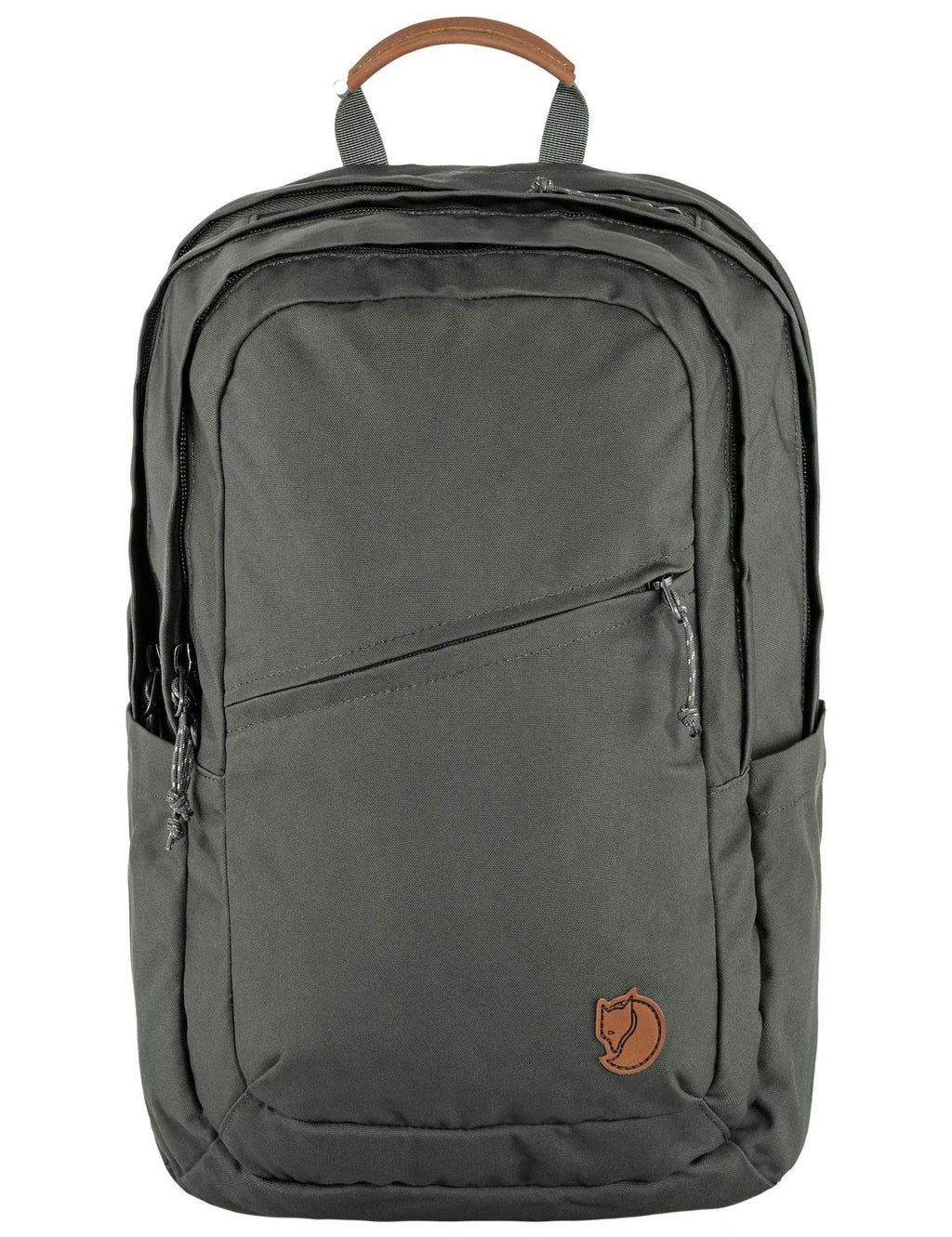 Raven 28L backpack in basalt gray, front zip pocket, top handle, leather-look logo patch