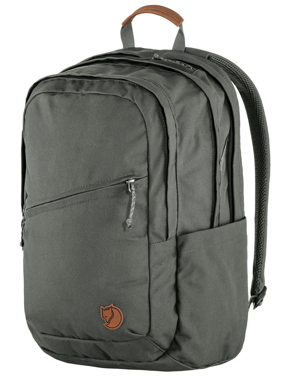 Raven 28L backpack in basalt gray, side view with zip pocket, top handle, logo patch