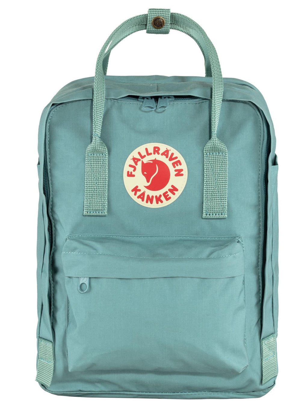 Sky blue Kanken 13-inch laptop backpack with top handle, logo patch, front pocket