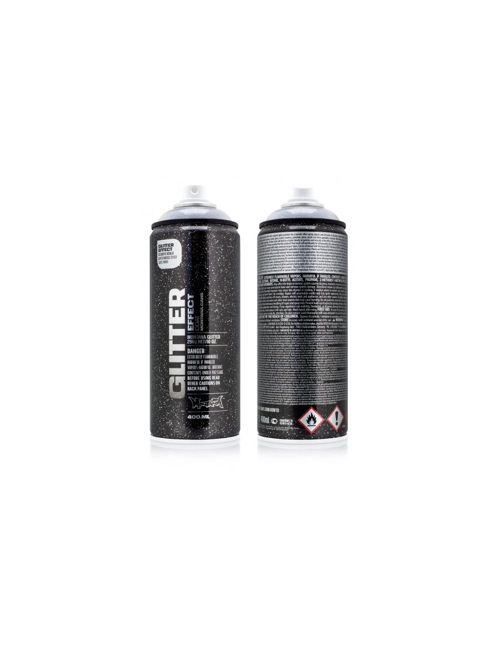 Glitter effect spray can, silver finish, black 400 ml, front and back views