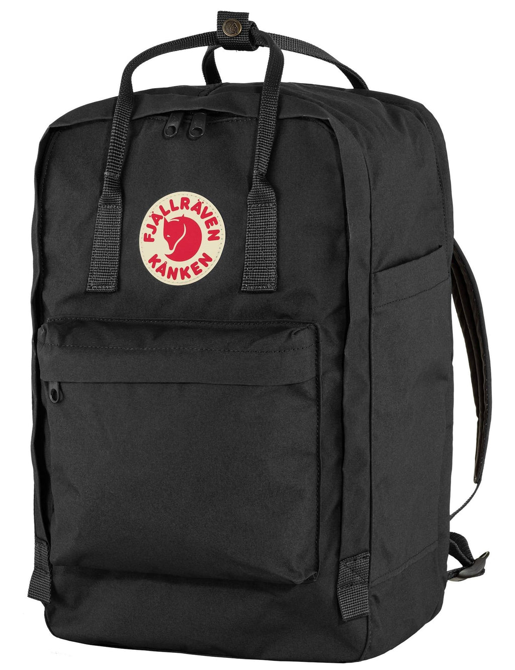 Black Kanken laptop backpack with front logo patch and side webbing strap