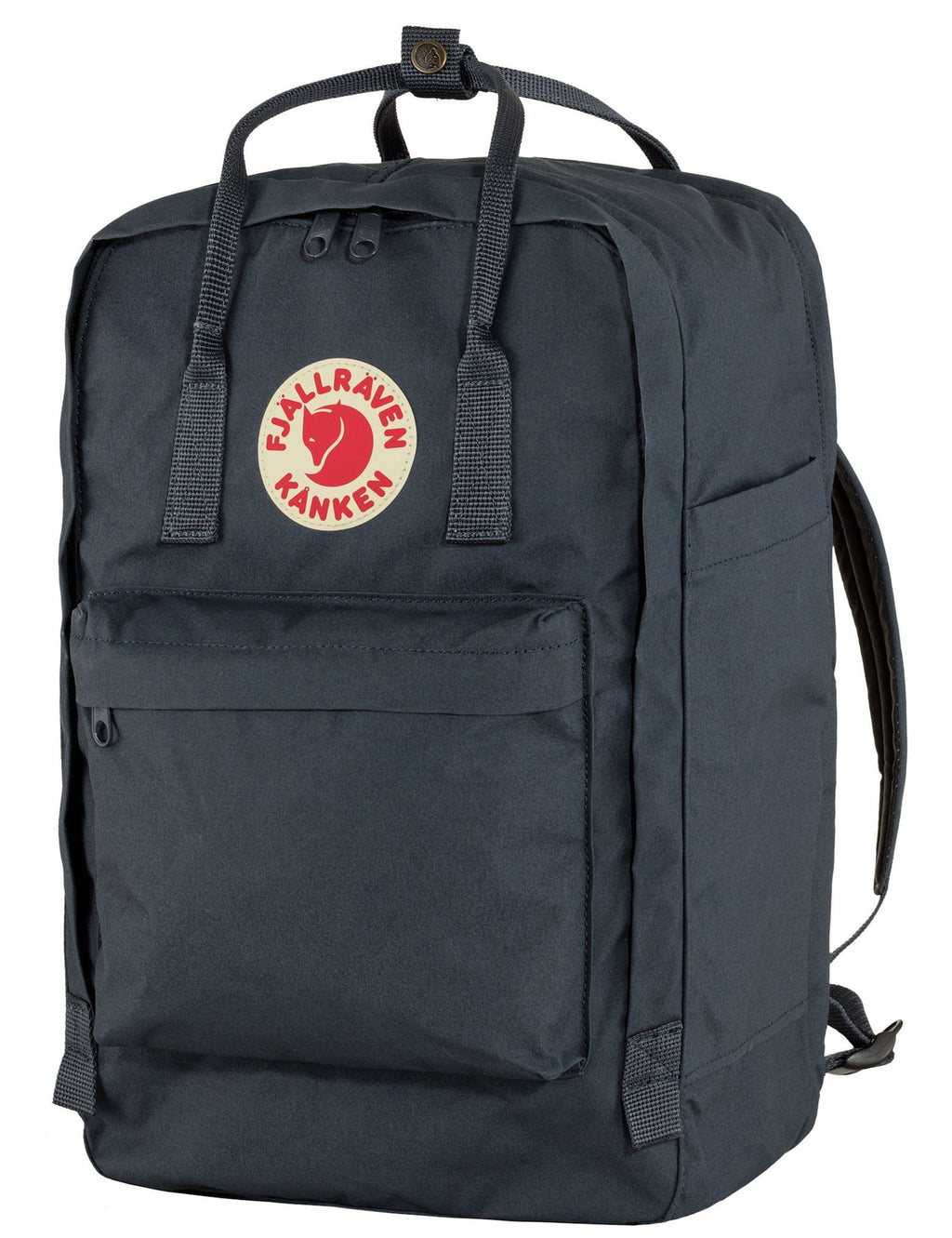Kånken laptop backpack in navy with Fjällräven Kånken patch and side carry strap
