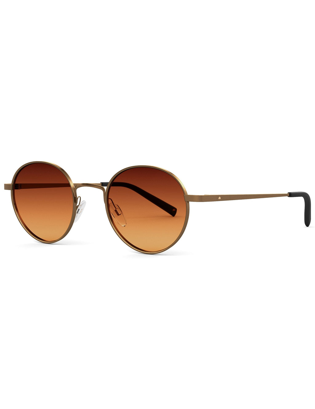 Gold-frame sunglasses with round amber lenses and black temple tips, side view