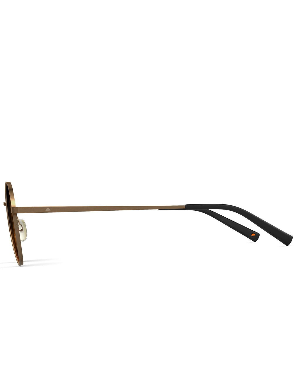 Round gold sunglasses with amber lenses and long straight temples, side profile