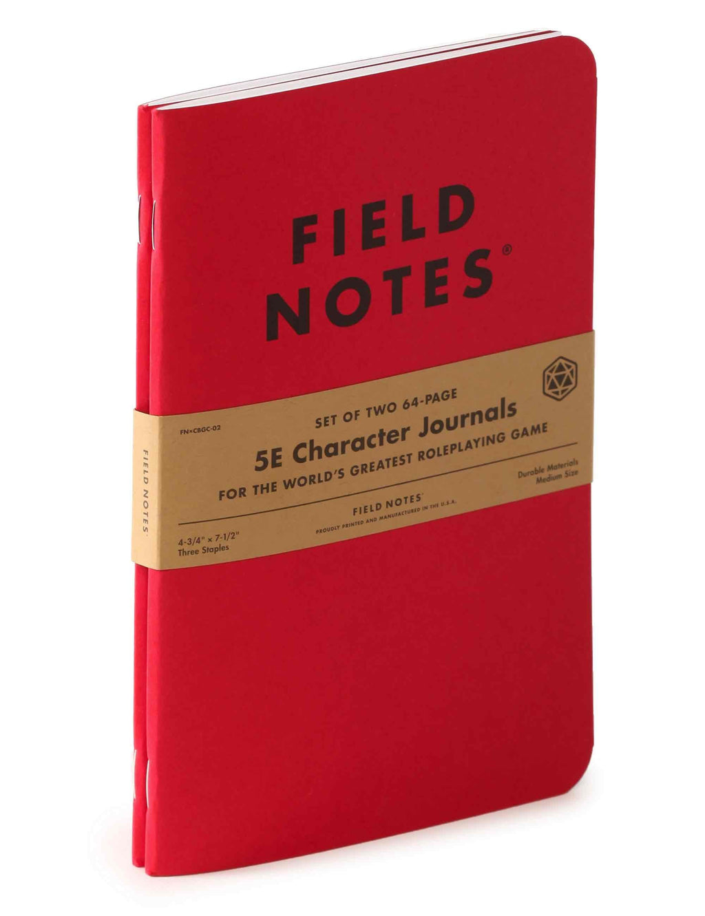 Red Field Notes 5E character journal with banded label and rounded corners