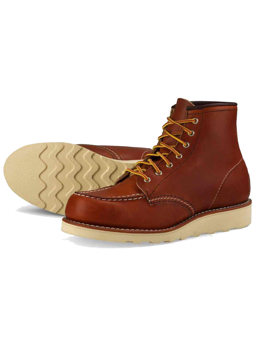 Women’s brown lace-up moc-toe boot, side view with treaded outsole