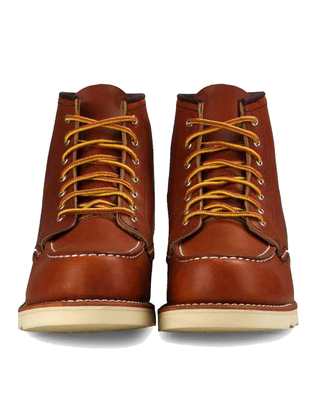 Women’s brown lace-up moc-toe boots, front view, yellow eyelets and laces