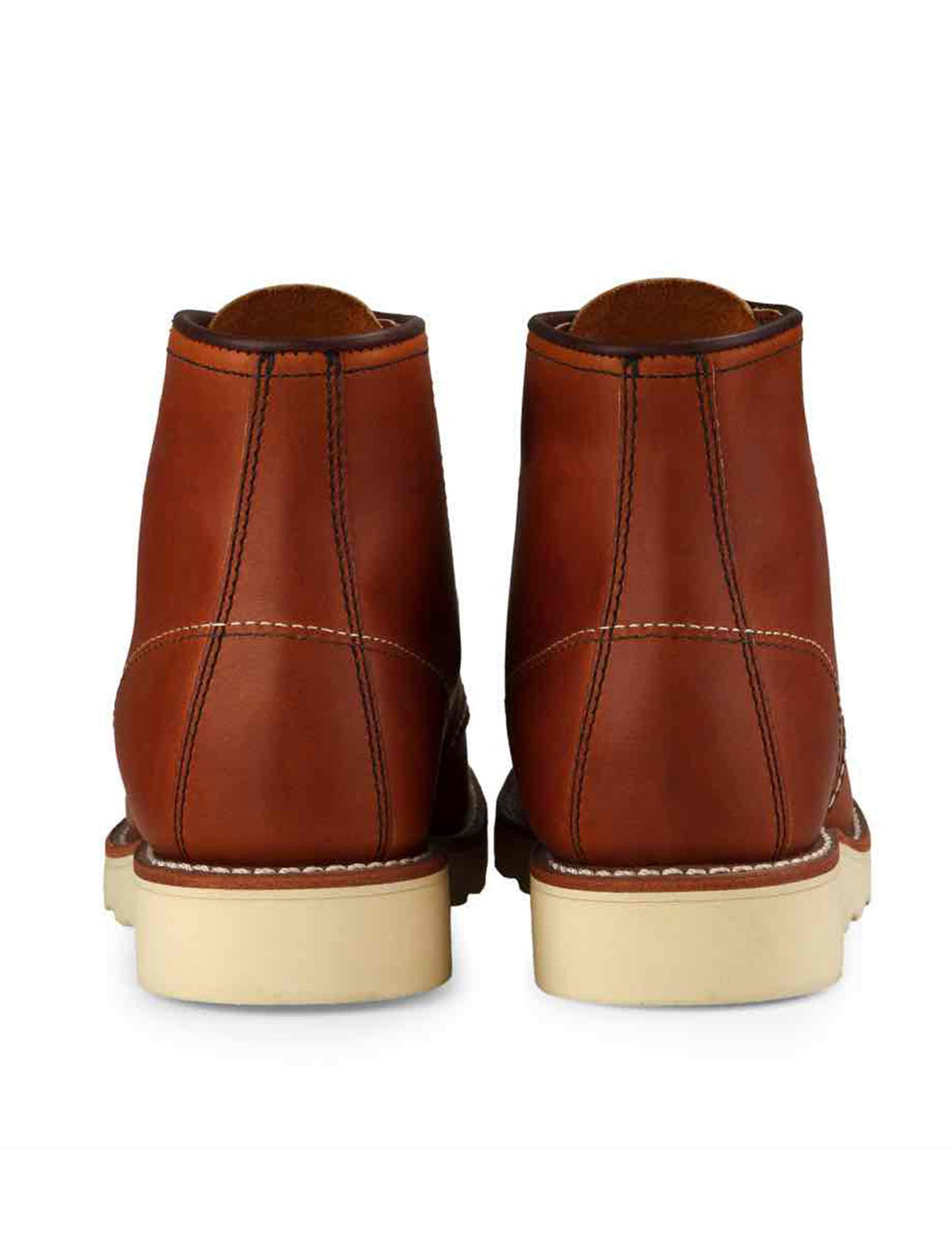 Women’s brown moc-toe boots, back view with cushioned collar and stacked heel