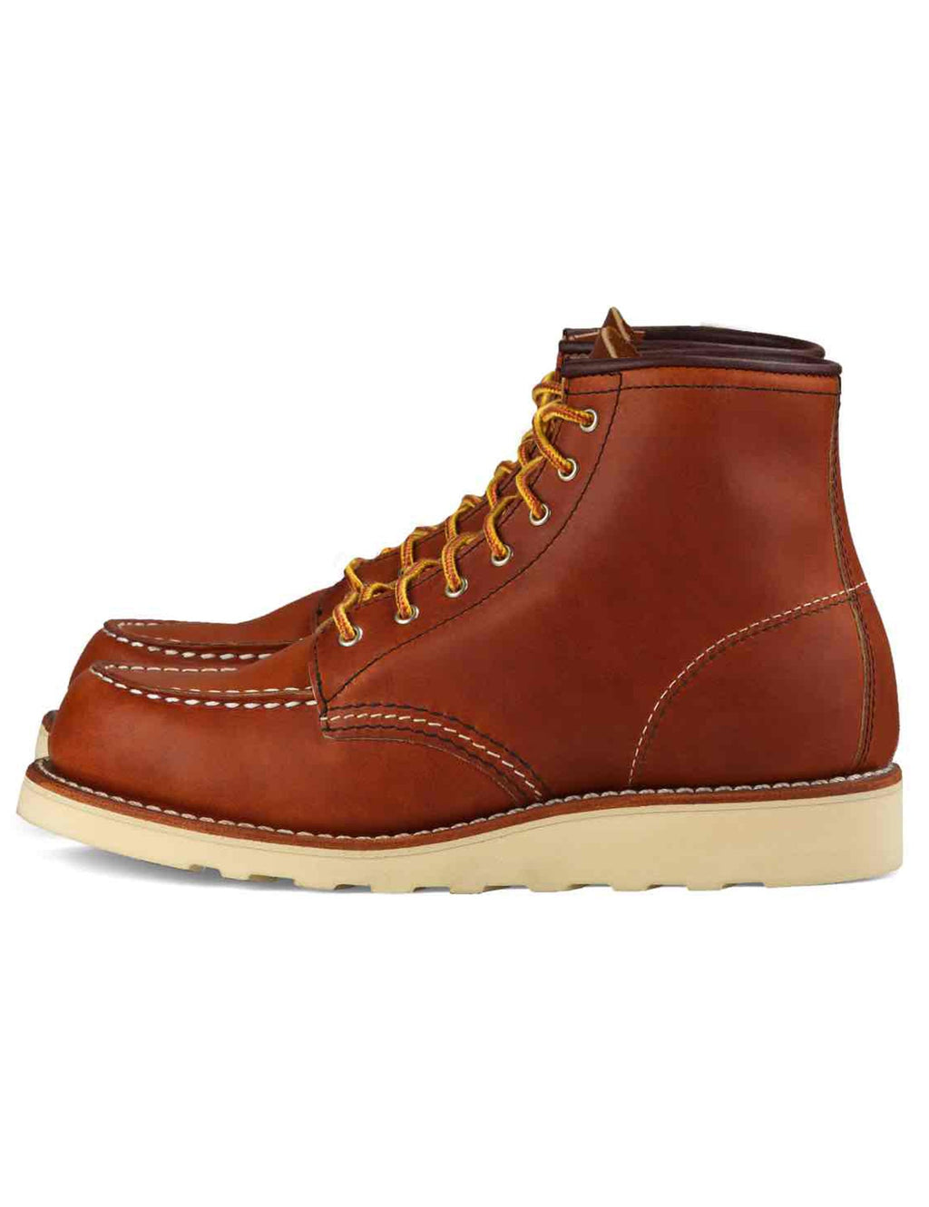 Women’s brown leather 6-in moc-toe boot, angled side view with laces