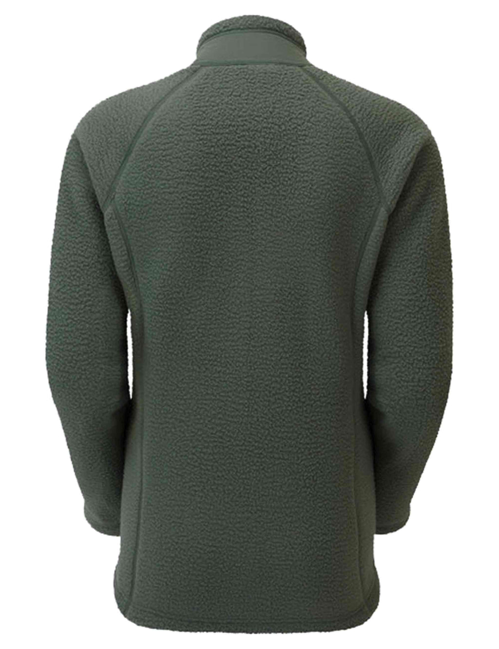 Women’s eucalyptus fleece jacket, back view with full-zip and stand collar