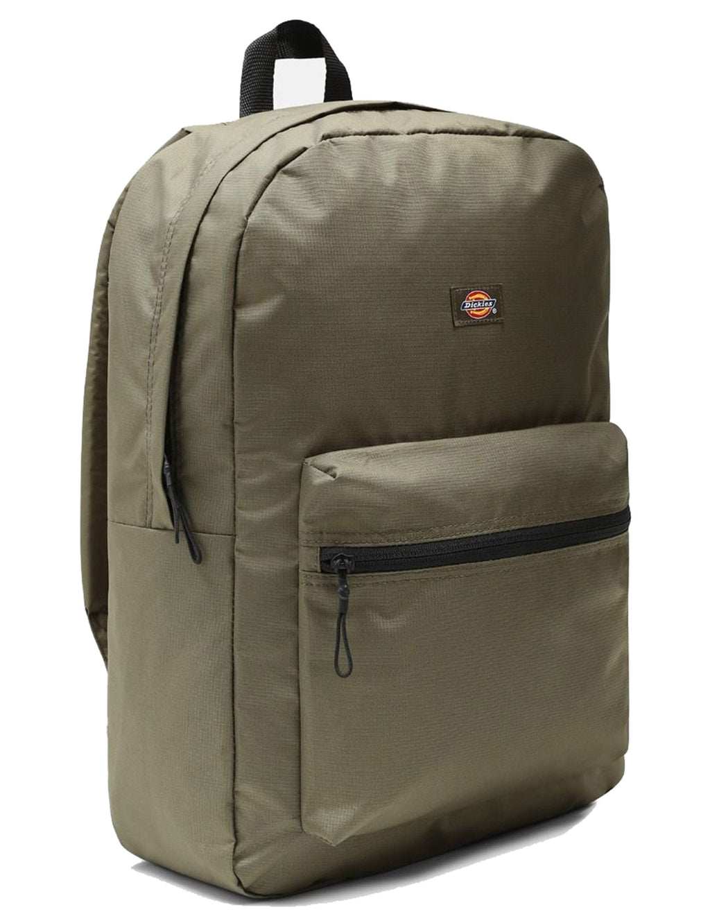 Military green nylon backpack with front zip pocket and top handle, logo patch