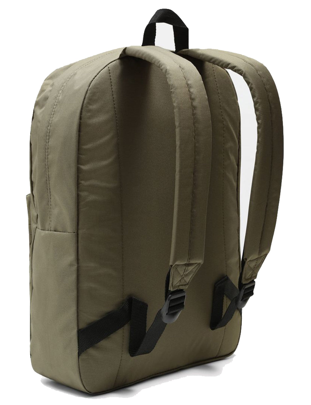 Olive backpack back view with padded straps and vertical panel stitching
