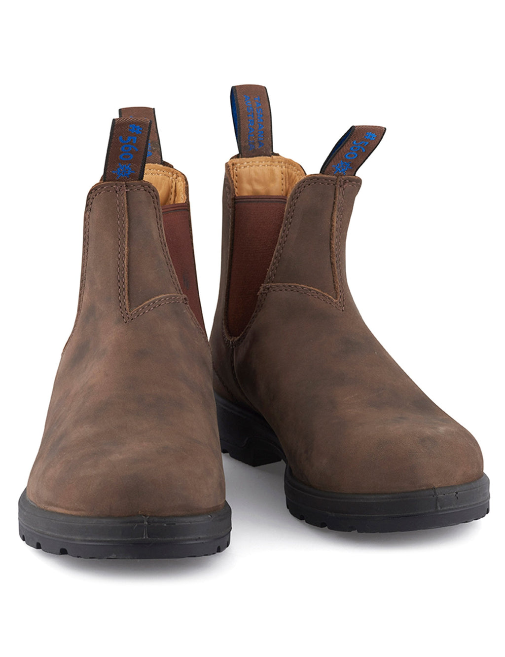 Pair of rustic brown Chelsea boots with elastic gore, pull tabs, and cushioned treaded sole