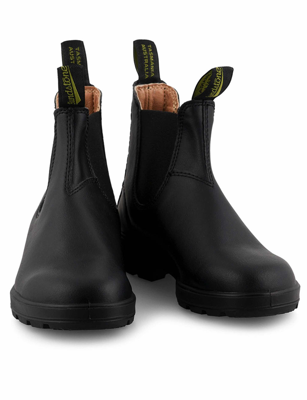 Black chelsea boots pair with elastic gussets and pull tabs, low lug heel