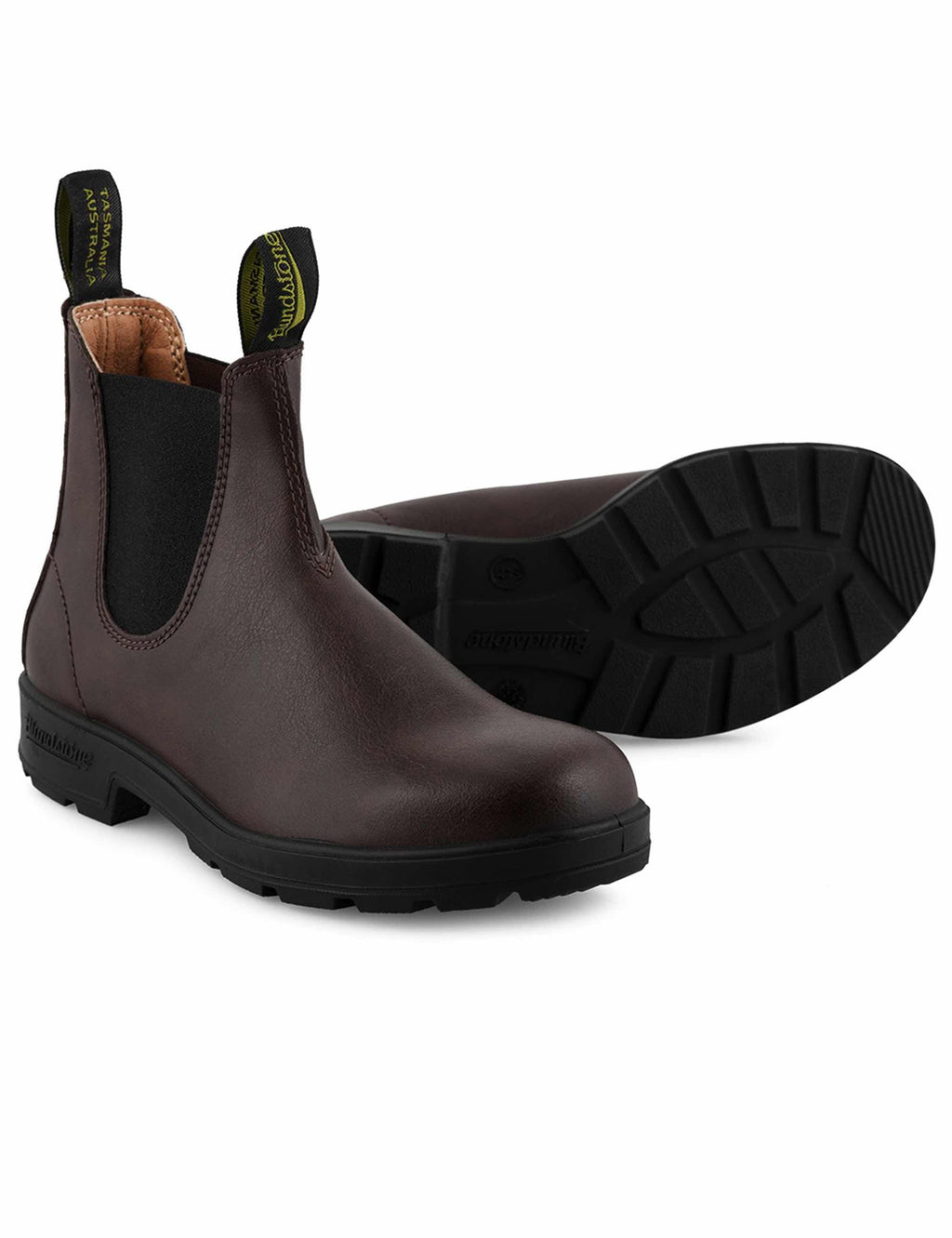 Brown vegan Chelsea boots with elastic gore panels and chunky tread sole