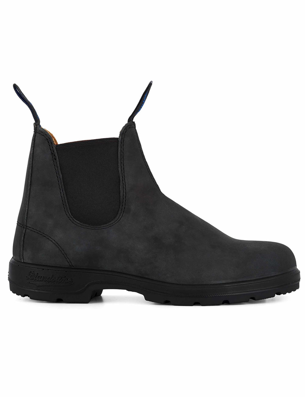 Black suede Chelsea boots with elastic side panels and heel pull tabs