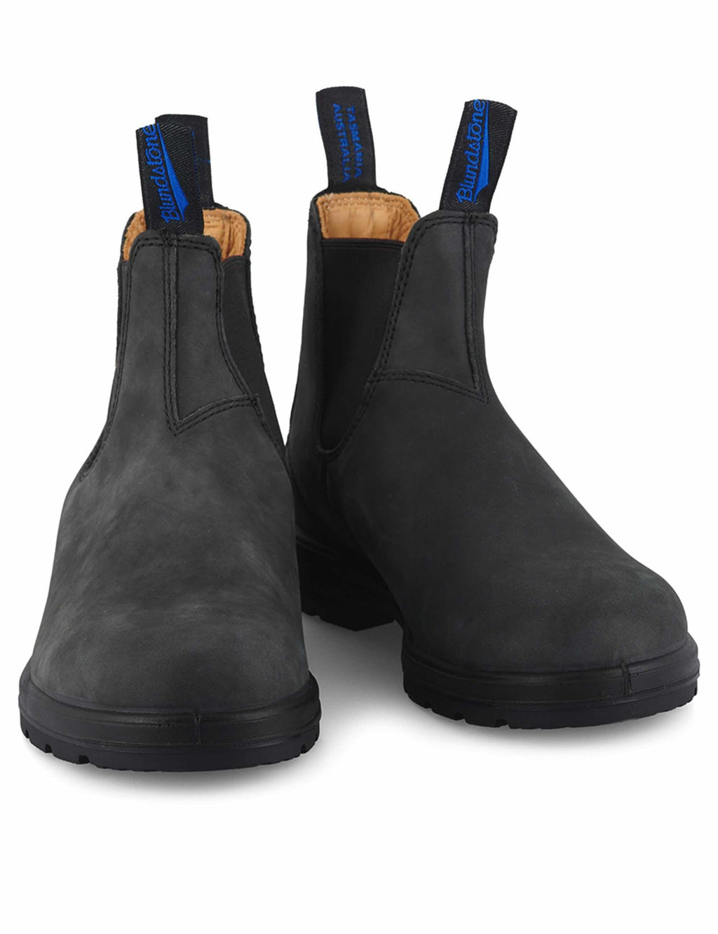 Pair of black suede Chelsea boots with blue pull tabs and elastic side panels