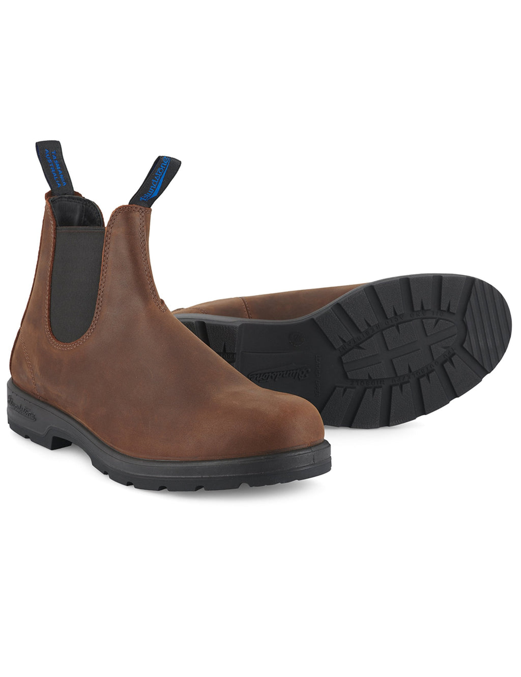 Women's antique brown chelsea boots with black elastic sides and chunky tread sole