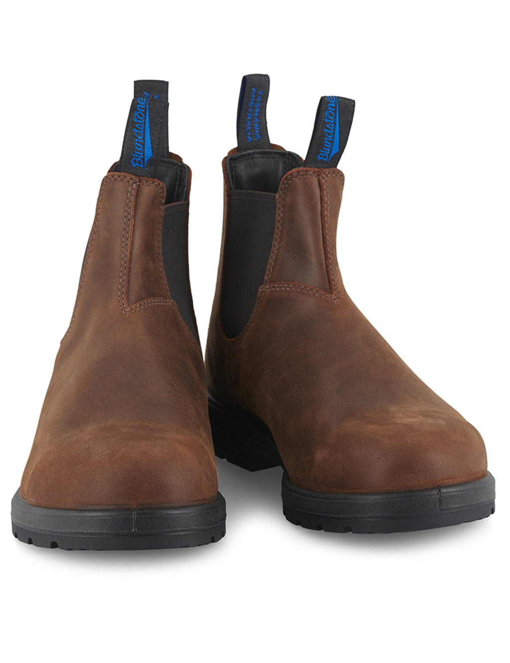 Pair of antique brown Chelsea boots with elastic gore and cushioned black heel