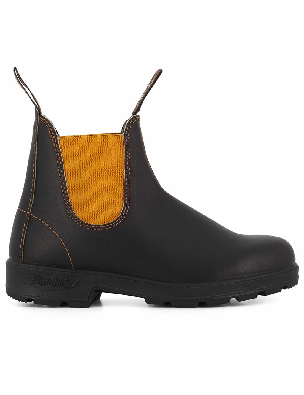 Brown and mustard leather Chelsea boots with elastic side panels and rubber sole