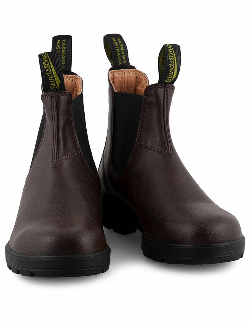 Women's brown Chelsea boots with elastic side panels and cushioned heel