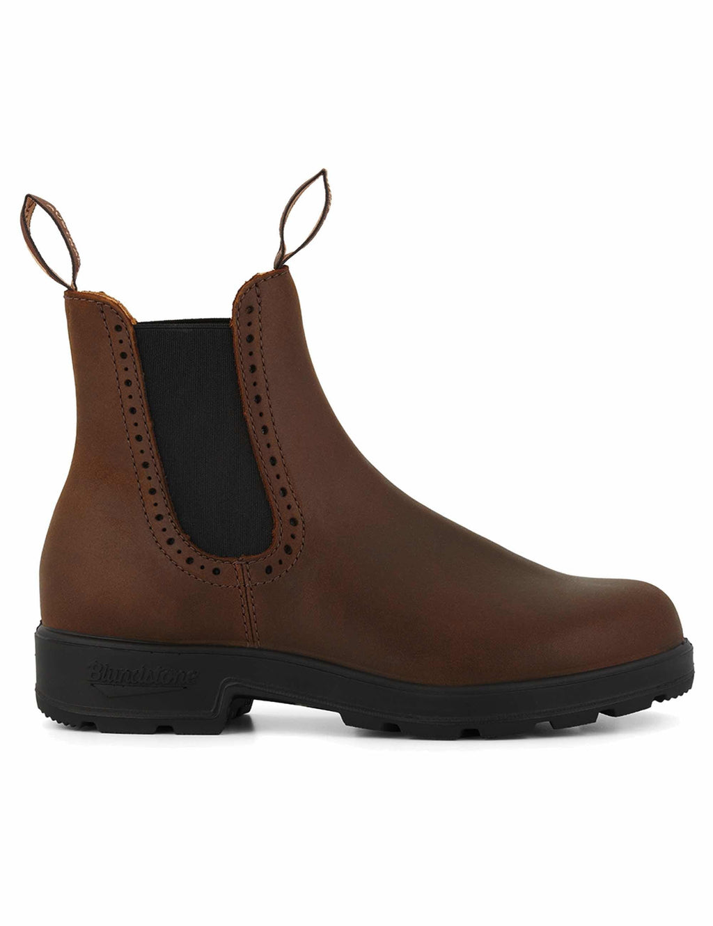 Antique brown leather Chelsea boots with elastic side gore and pull tabs