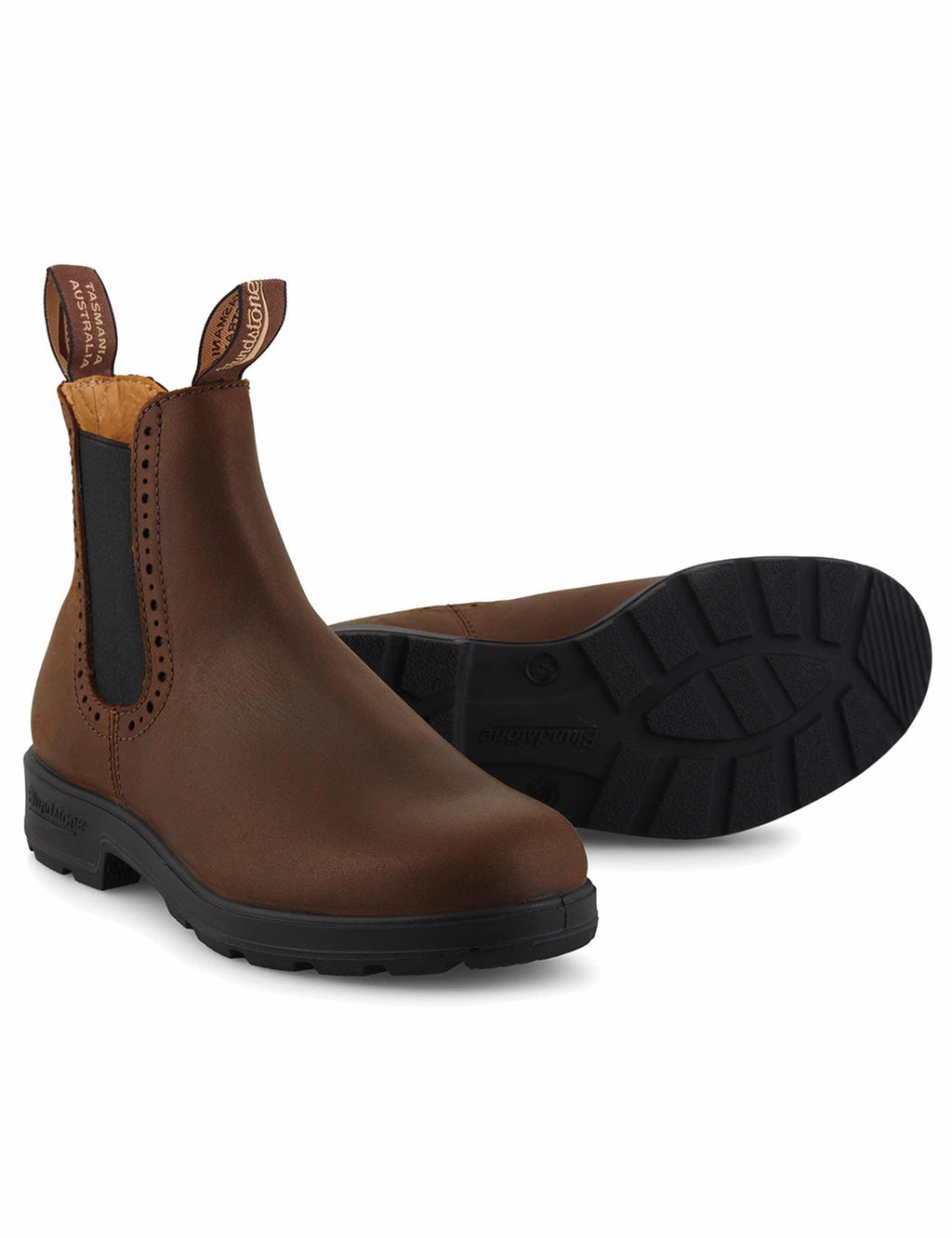 Antique brown Chelsea boots with elastic gore, thick tread sole, side view