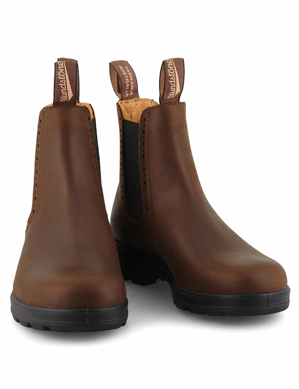 Pair of antique brown Chelsea boots with elastic gore and pull tabs, back view