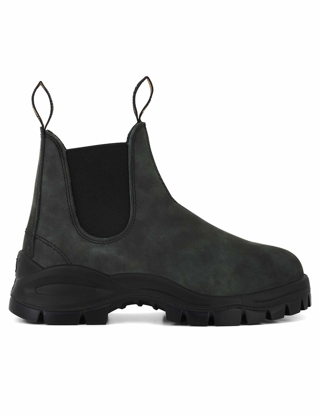 Chunky lug Chelsea boots with elastic side panels, dark suede, pull-on tabs