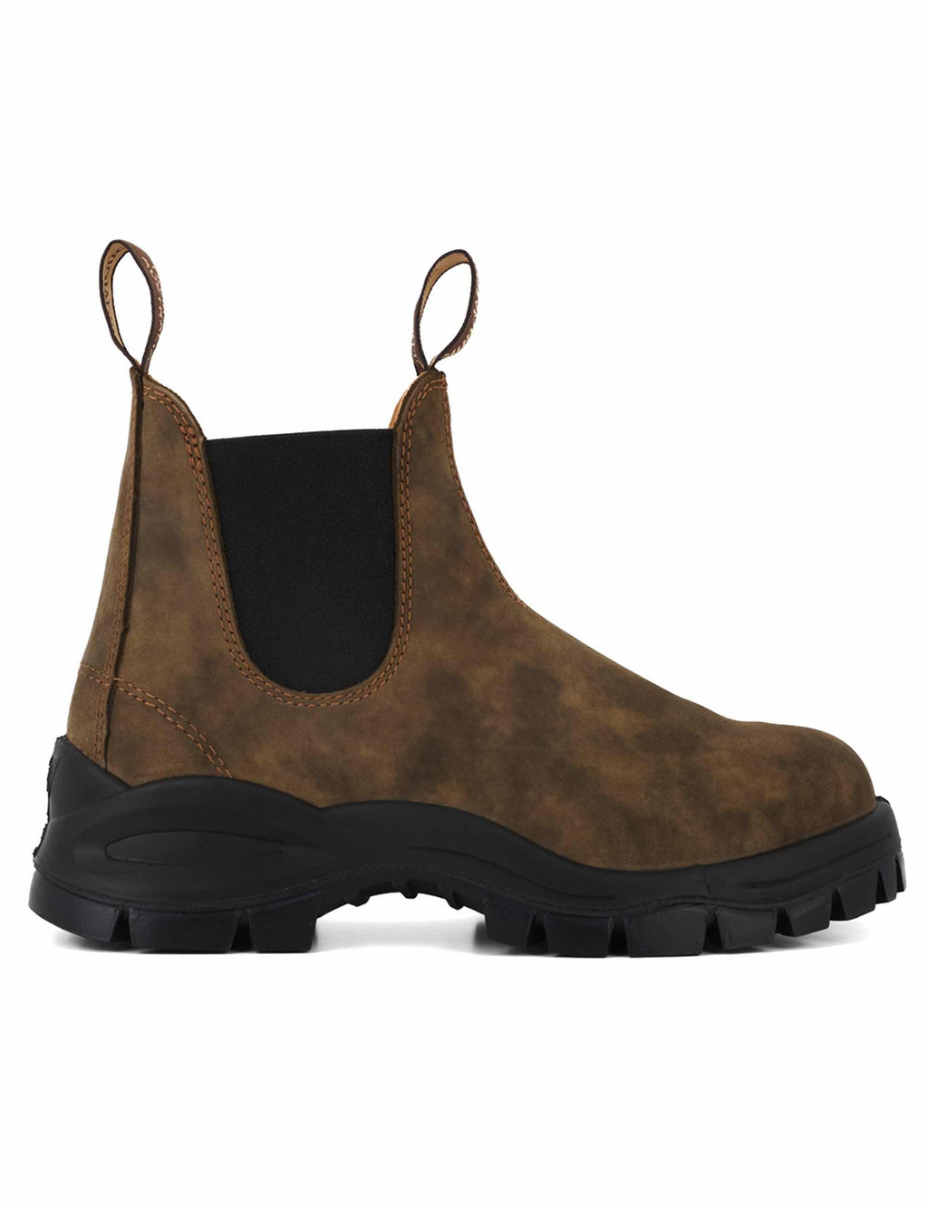 Rustic brown chunky lug Chelsea boots with elastic side panels and pull tabs