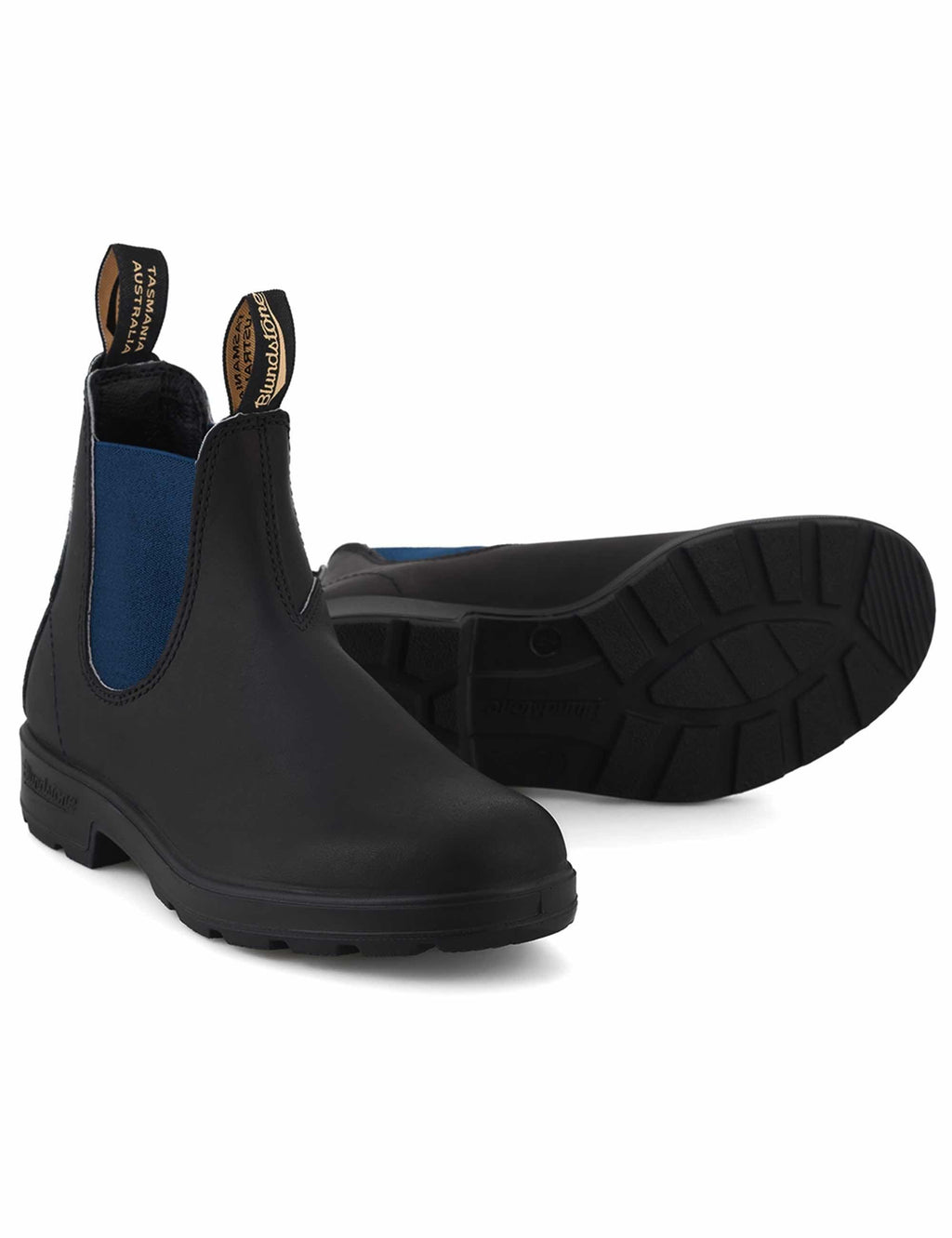 Black leather Chelsea boots with blue elastic side panels and rubber sole.