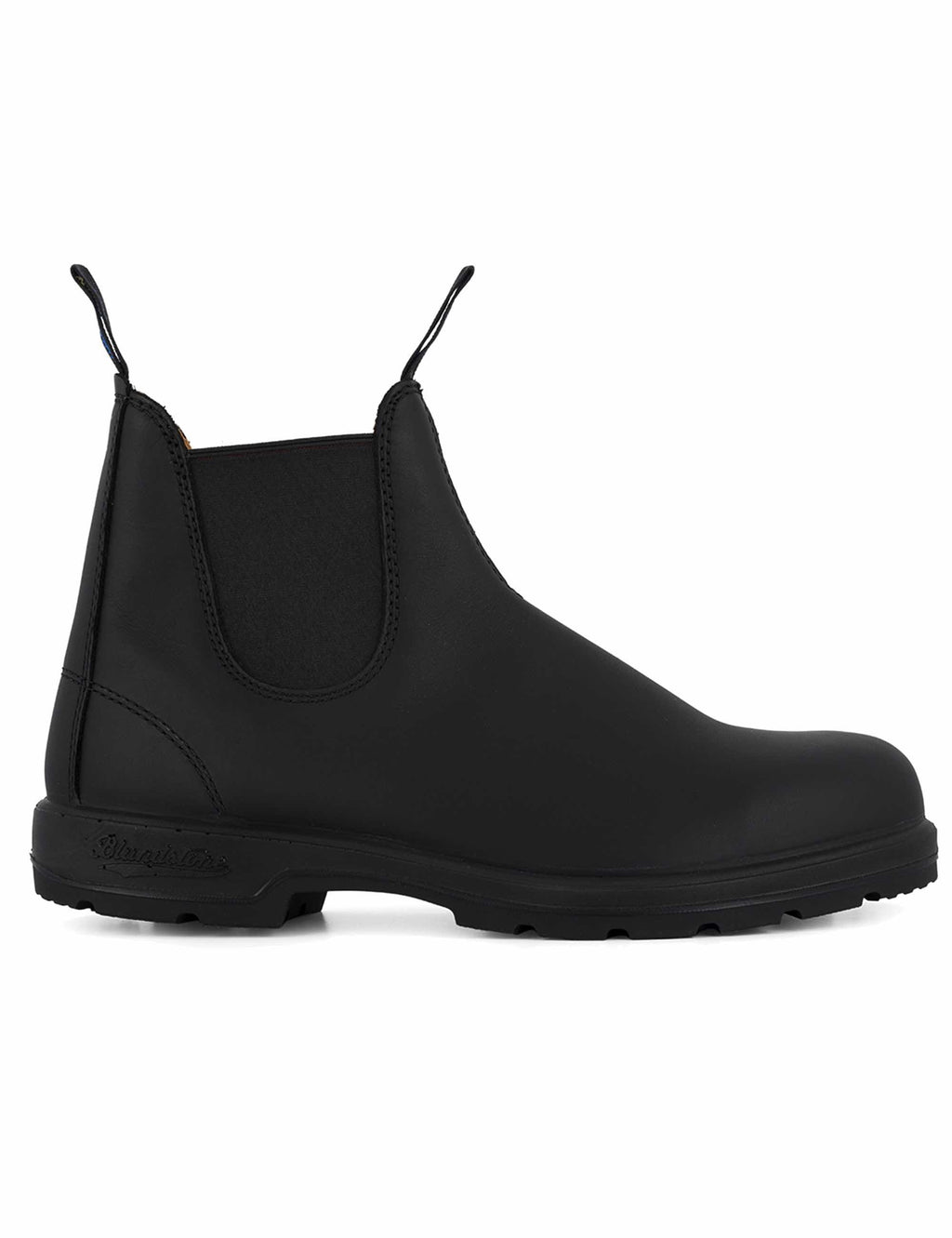 Black Chelsea boots with elastic side panels and loop pull tabs