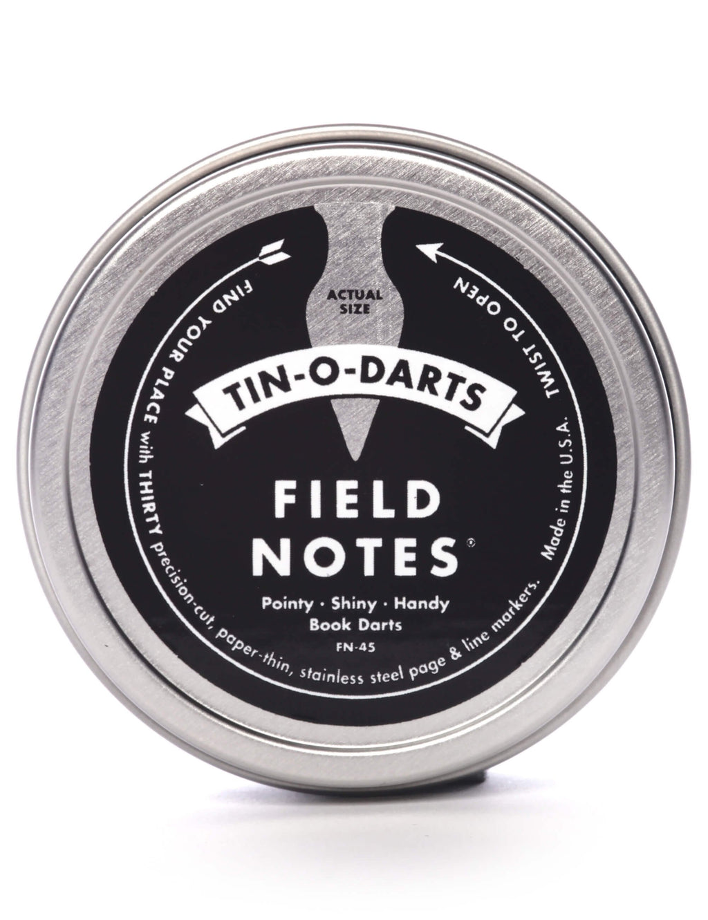 Tin-O-Darts metal tin lid labeled "FIELD NOTES"