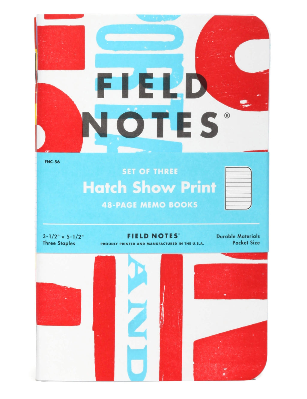Set of three memo books, red and blue Field Notes cover, Hatch Show Print, Field Notes