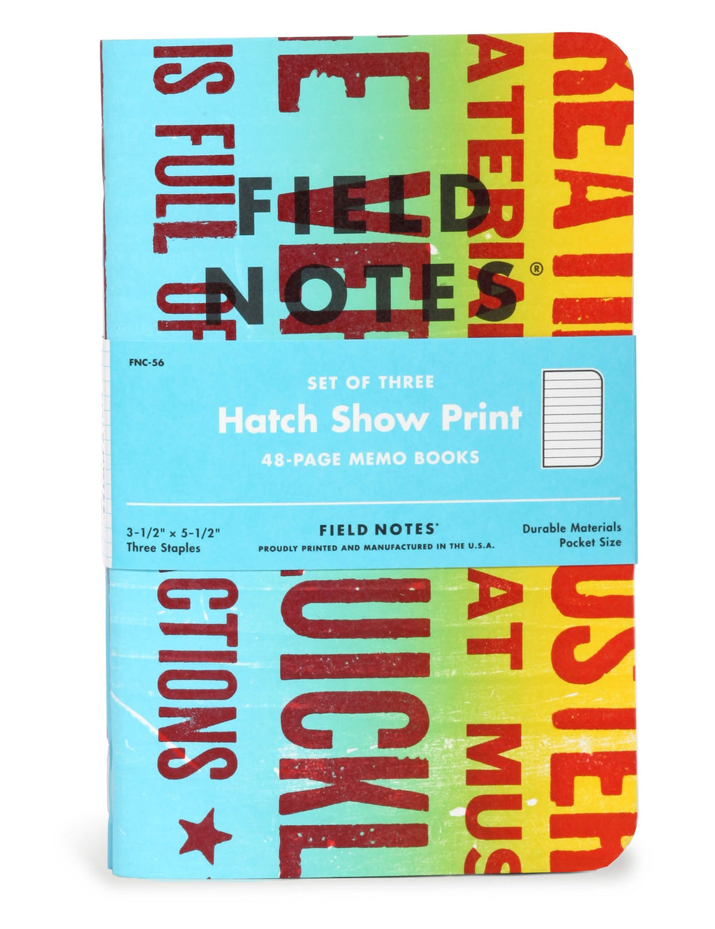 Set of three memo books, blue cover with multicolor Field Notes typography, Hatch Show Print