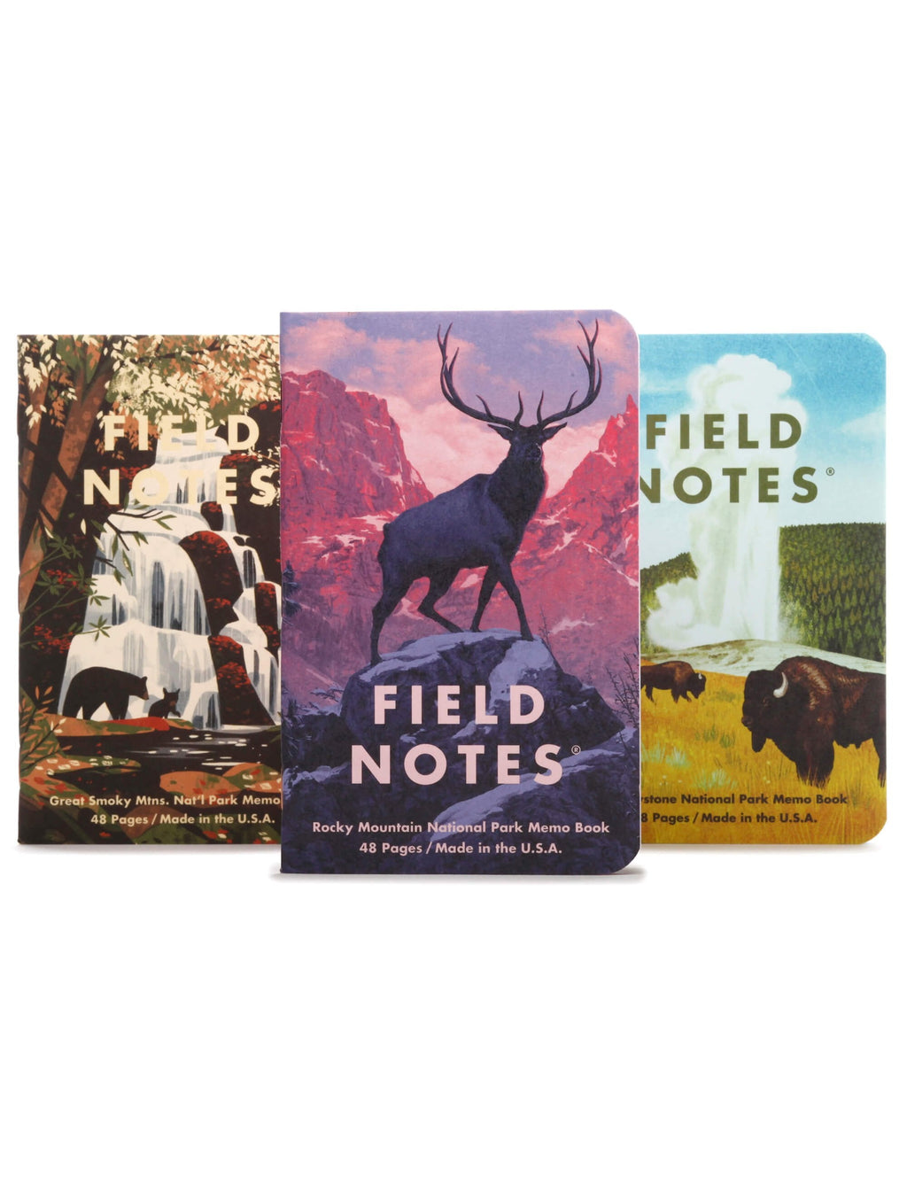 Three National Parks memo books, Series C, displayed side by side with Field Notes covers