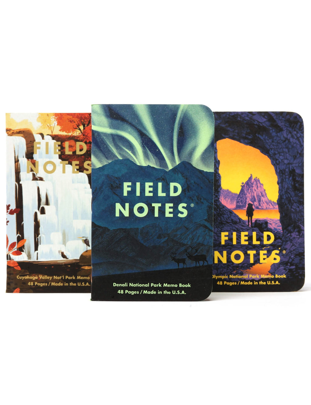 Three Field Notes memo books set: Denali, Cuyahoga, Olympic with Field Notes logo