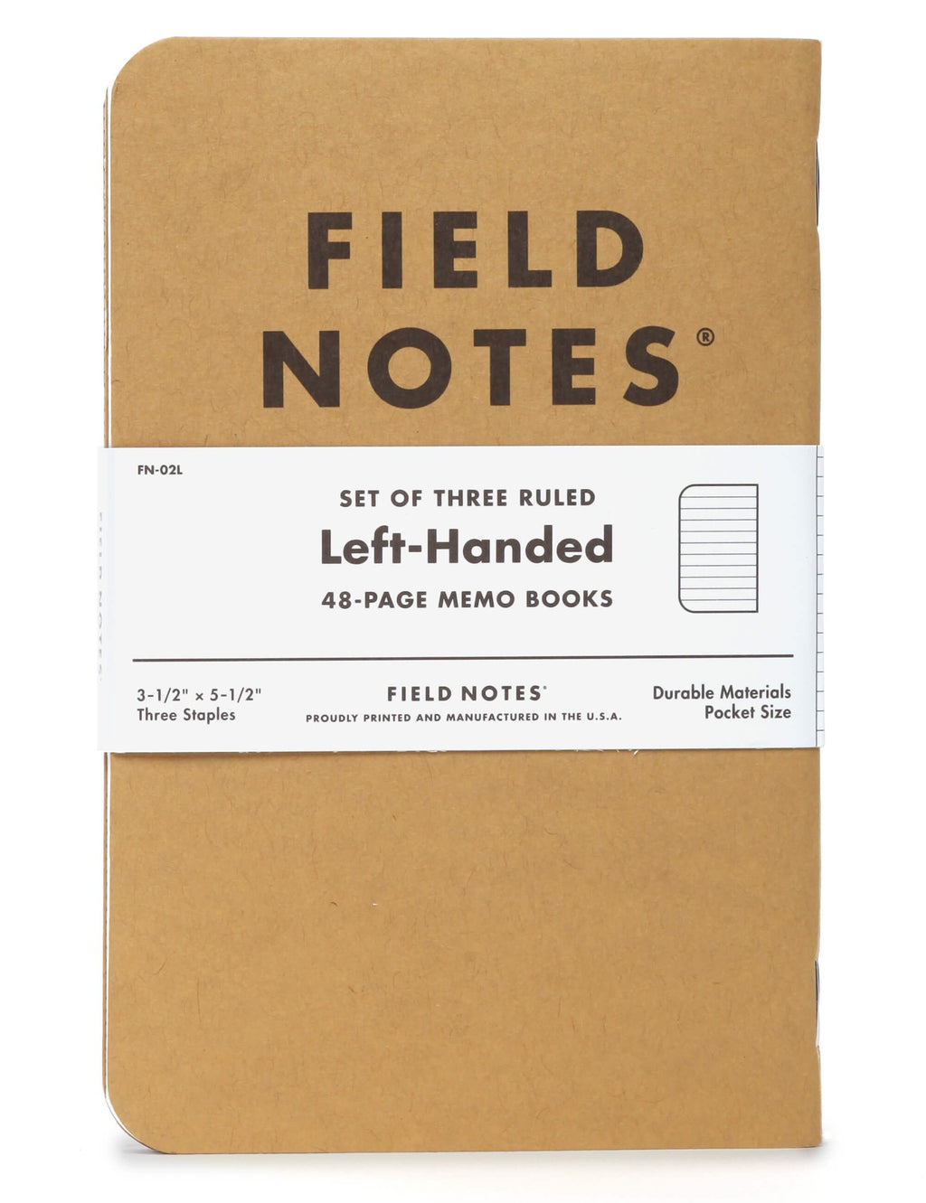 Left-handed ruled memo books set, kraft brown Field Notes box cover.