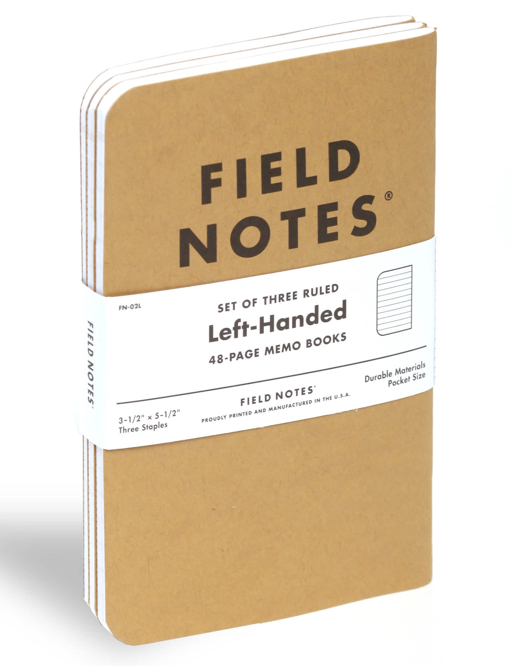 Left-handed ruled memo books set, Field Notes box showing side panel.