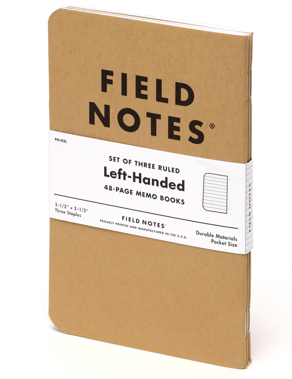 Left-handed ruled memo books set, kraft brown Field Notes box front view.