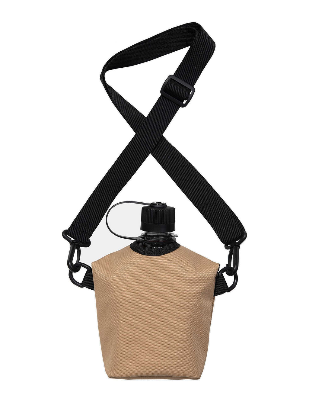 Field bottle bag in dusty brown with black handle straps and water bottle inside