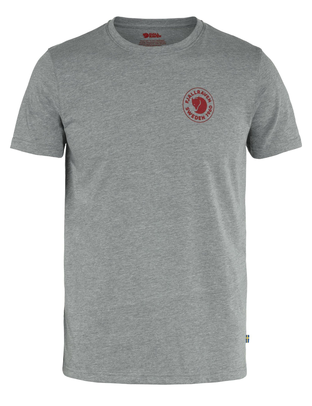 Grey melange logo T-shirt with small chest graphic, crew neck, short sleeves