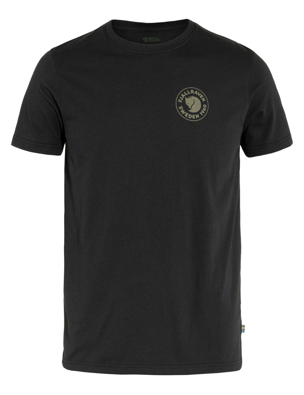 Black crew-neck T-shirt with small round logo patch on left chest