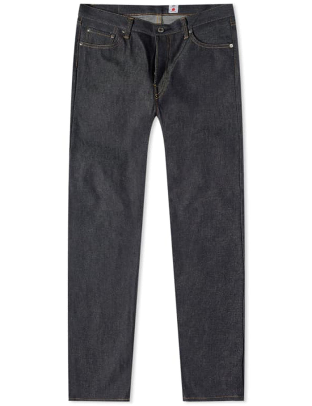 Men's tapered selvedge jeans, dark blue rigid unwashed, front view with button fly
