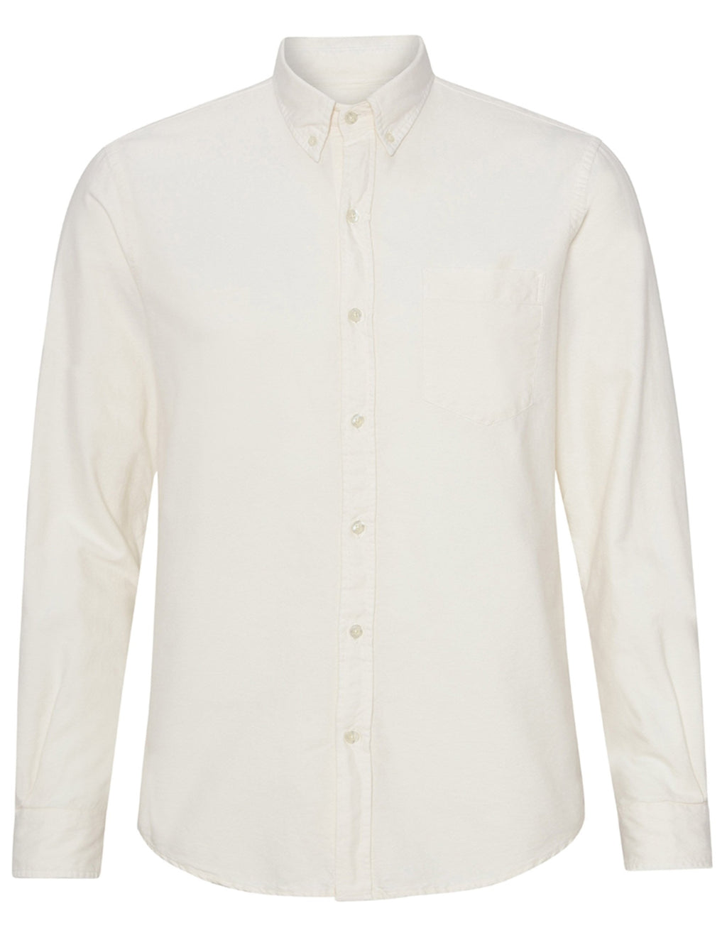 Ivory button-down shirt with long sleeves and front button placket
