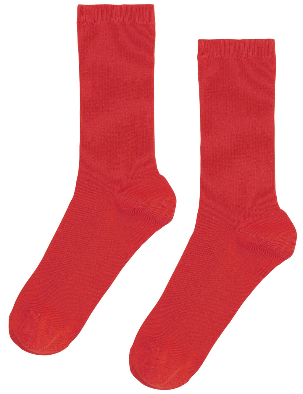 Pair of women’s crew socks in scarlet red, ribbed knit with smooth toe