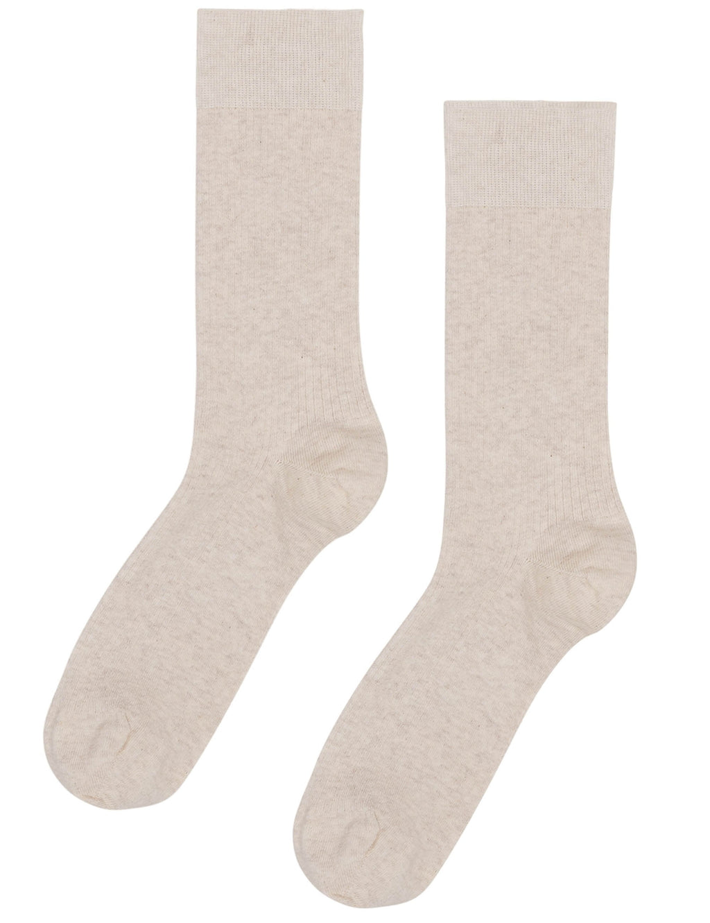 Ivory organic crew socks, ribbed cuffs and foot stitching on pair