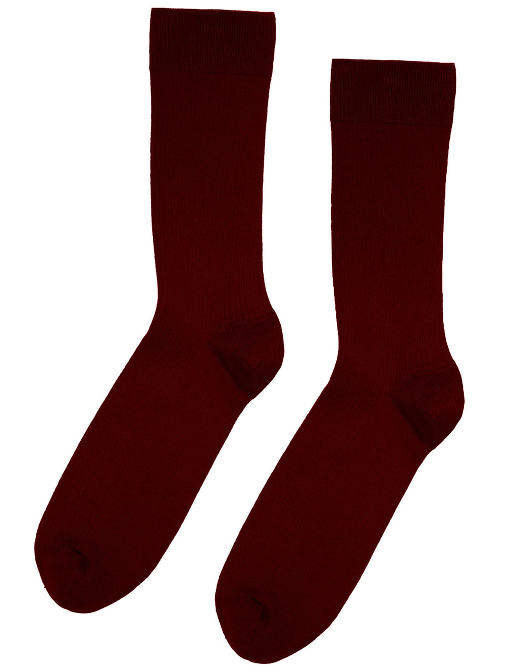 Oxblood red organic crew socks, pair shown