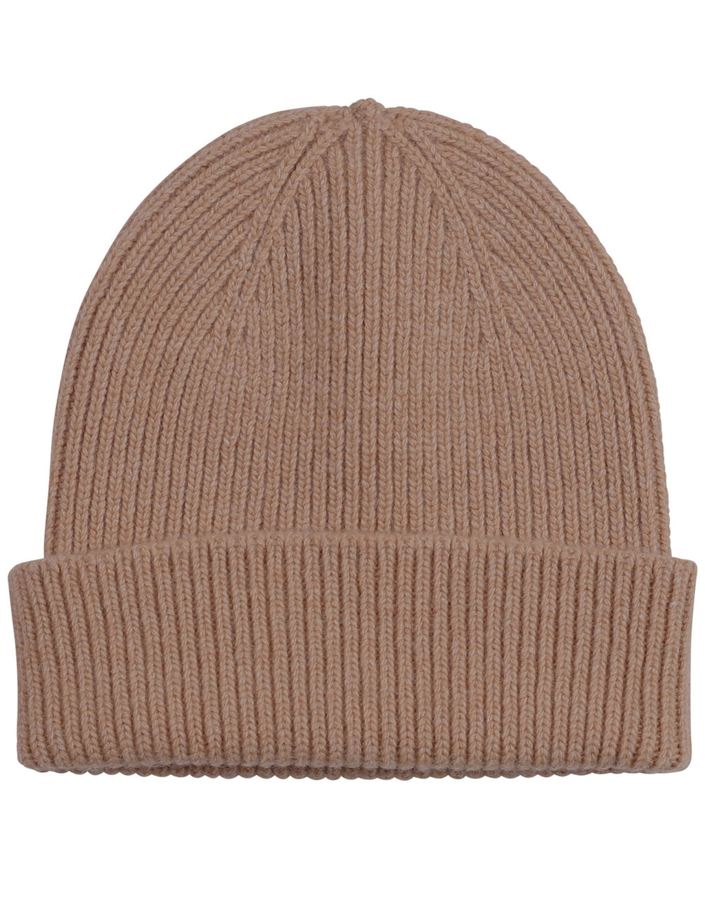 Camel merino wool beanie hat with ribbed cuff and knit texture