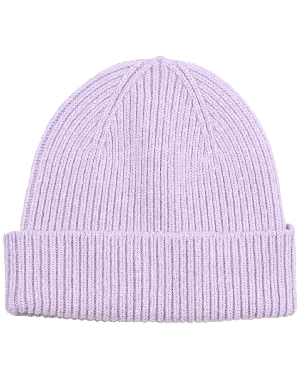 Soft lavender merino wool beanie hat with ribbed cuff and knit fold.